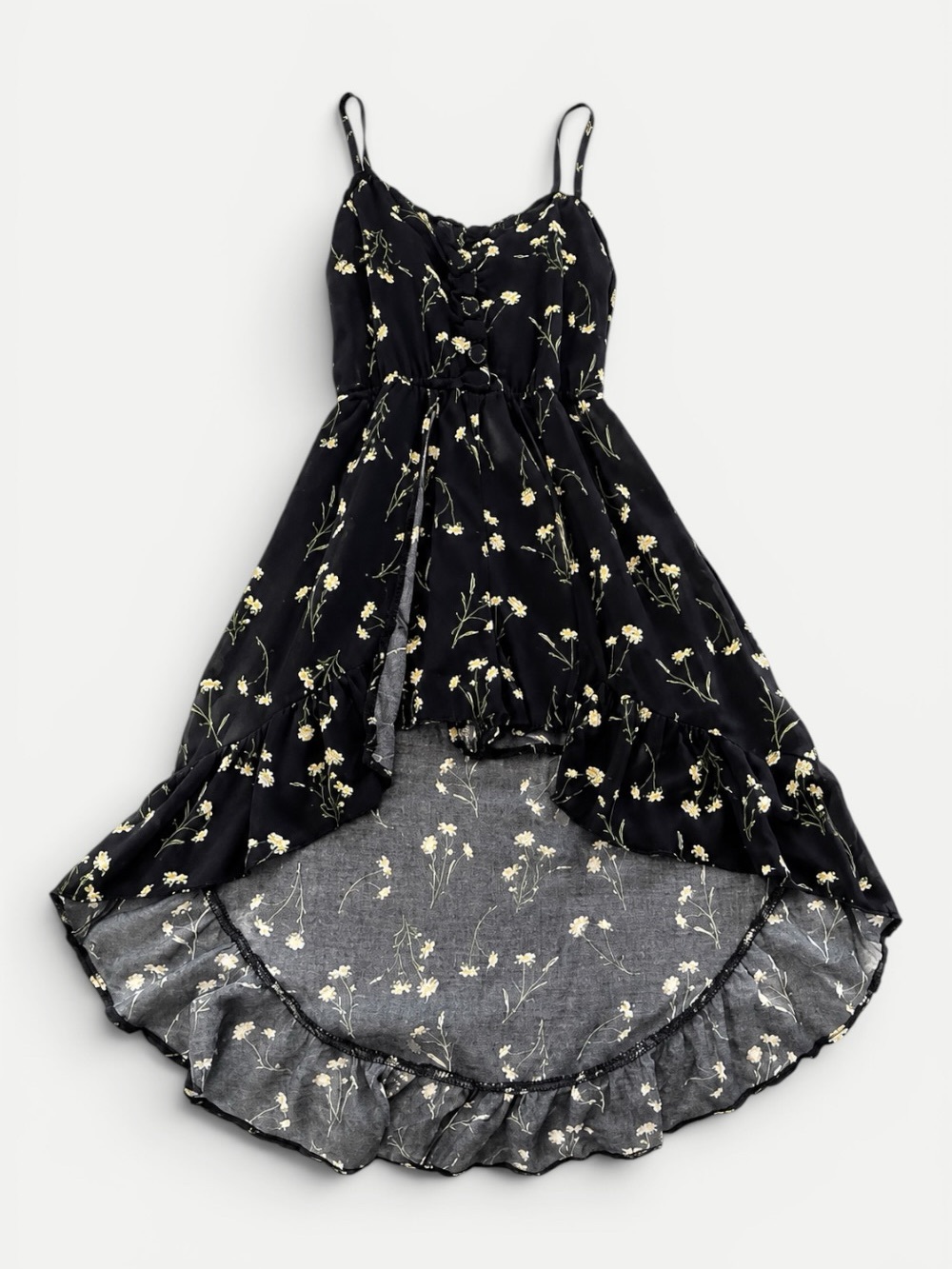 Art Class Girls Black Daisy Floral High-Low Romper – Size S 6/6X